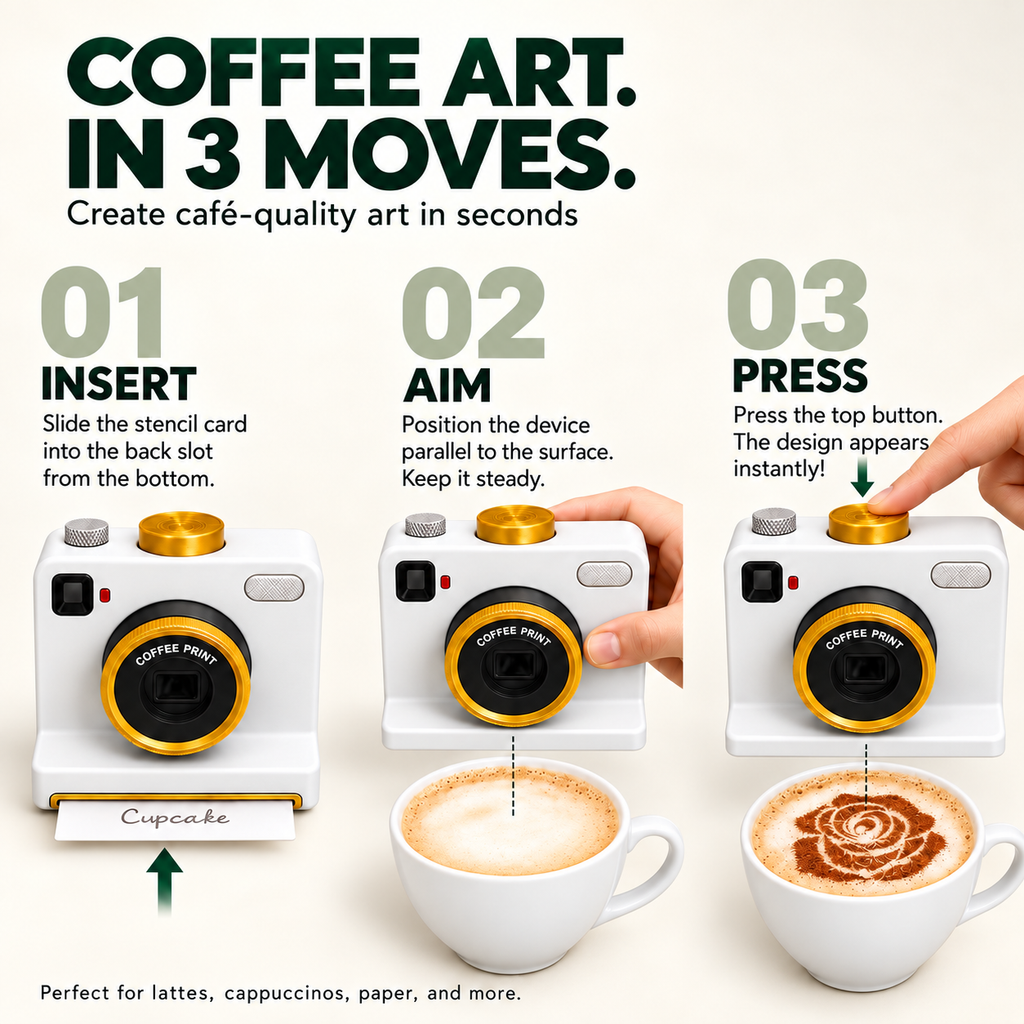 How to use SipShutter: insert a stencil card, position over a drink, and press
