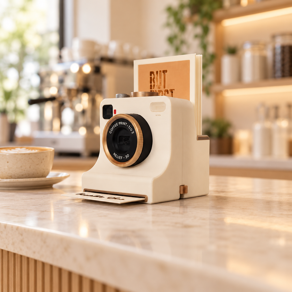 Cream camera-shaped coffee art tool on a cafe countertop